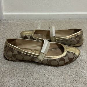 Coach Tan and Gold Signature Ballet Flats